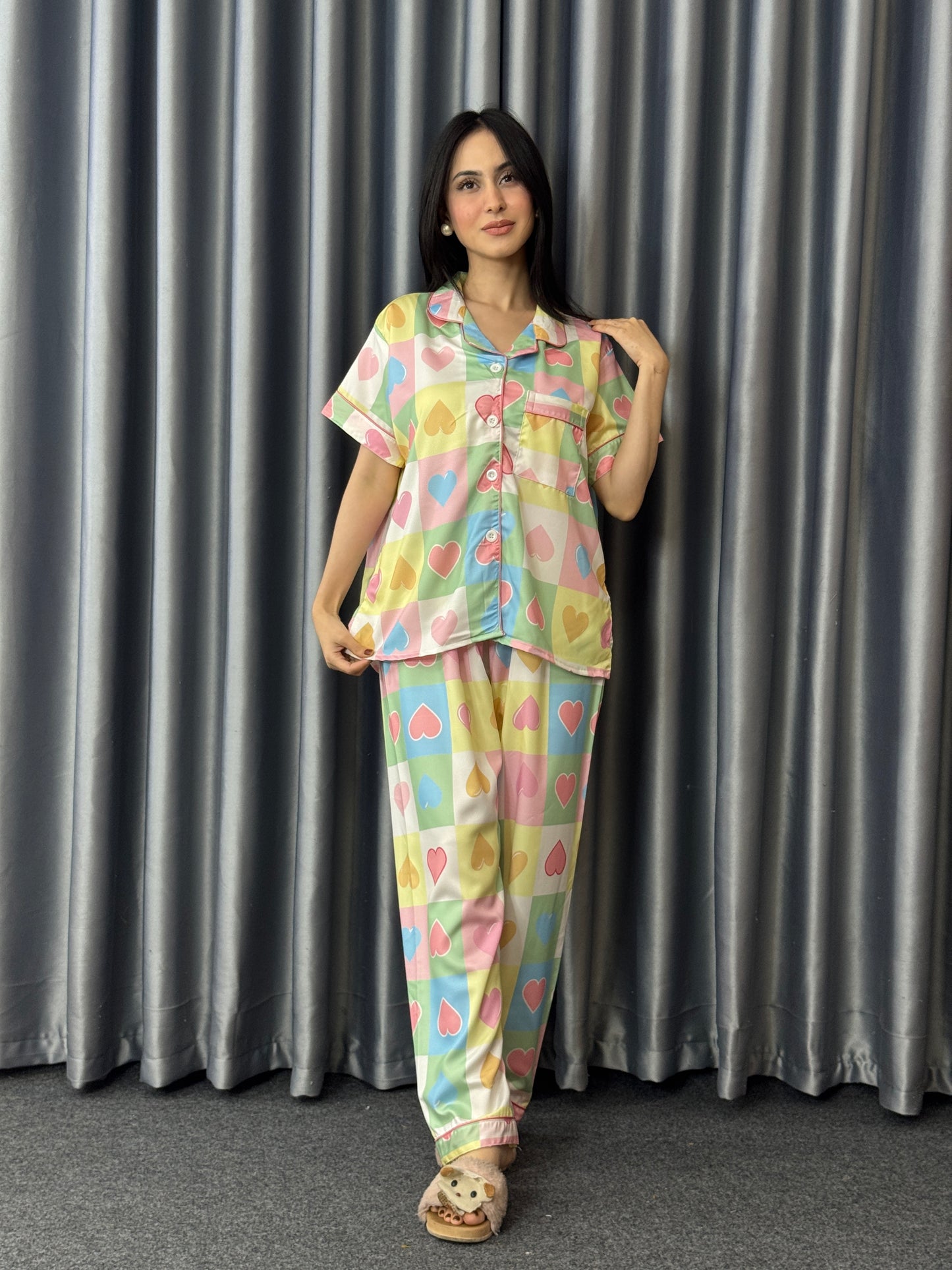 Rainbow Pastel Heart Cozy PJ Set - Short Sleeve