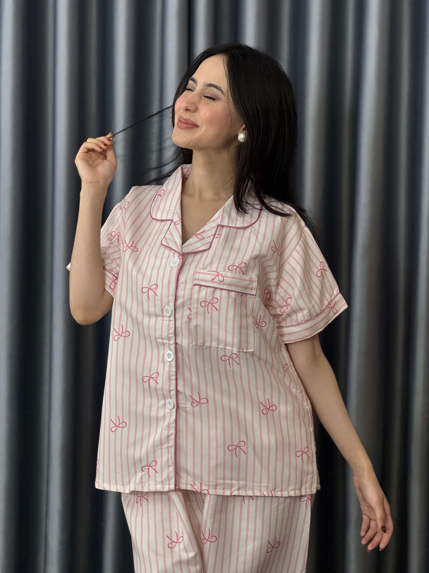 Pookie Pink Stripe Bow Print PJ Set – Short Sleeve 🎀