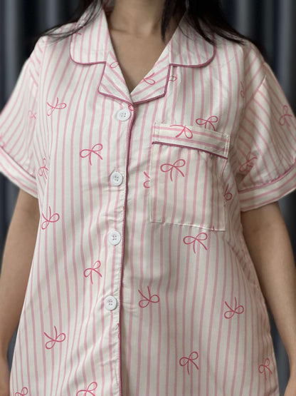 Pookie Pink Stripe Bow Print PJ Set – Short Sleeve 🎀