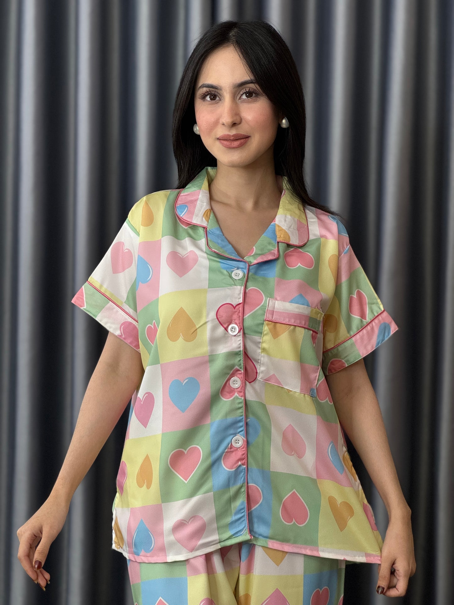 Rainbow Pastel Heart Cozy PJ Set - Short Sleeve