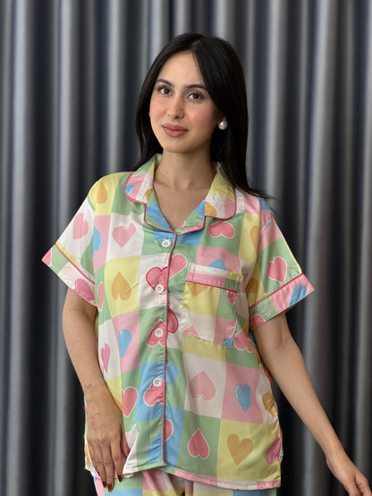 Rainbow Pastel Heart Cozy PJ Set - Short Sleeve