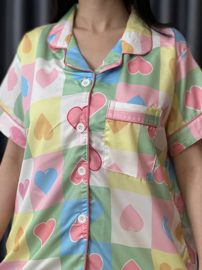 Rainbow Pastel Heart Cozy PJ Set - Short Sleeve