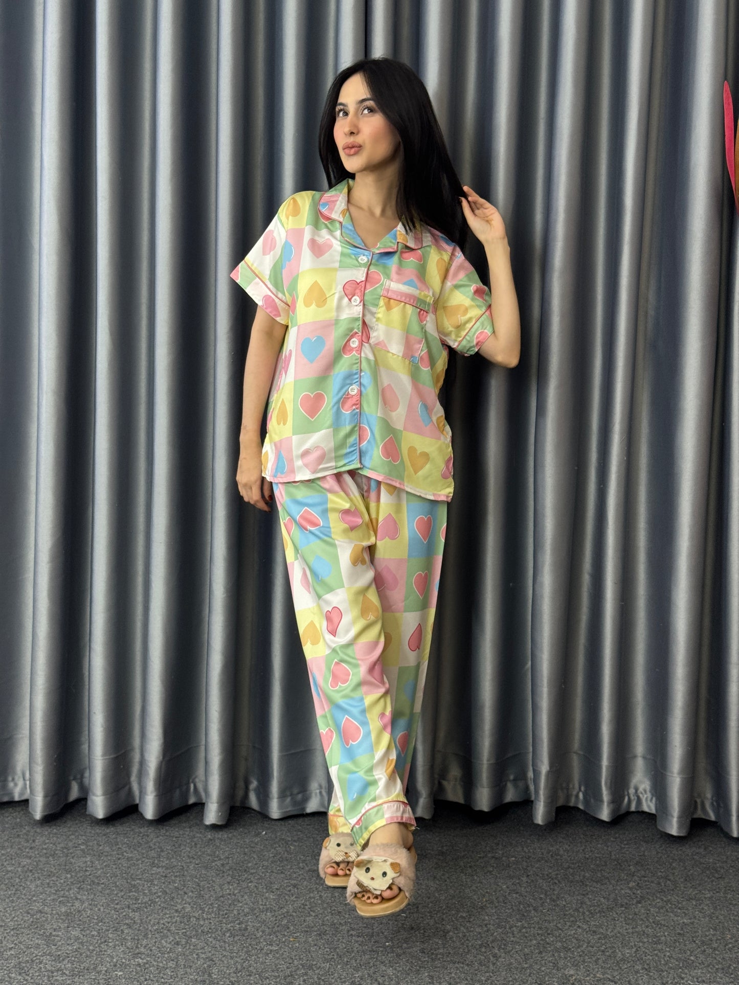 Rainbow Pastel Heart Cozy PJ Set - Short Sleeve