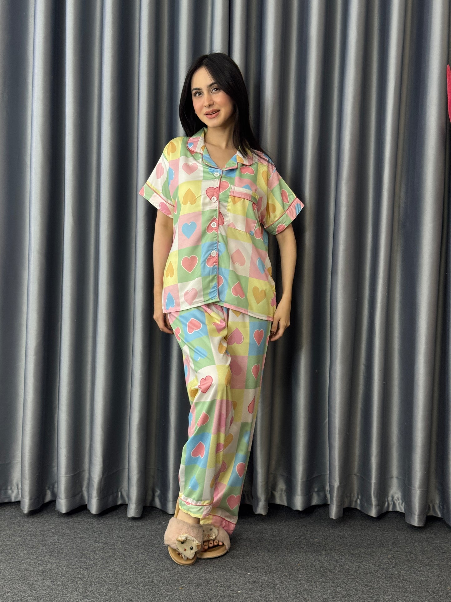 Rainbow Pastel Heart Cozy PJ Set - Short Sleeve