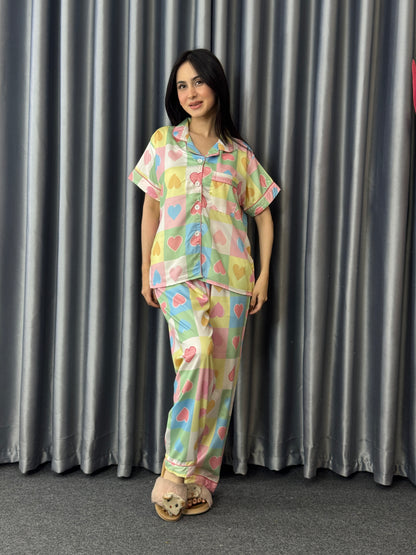 Rainbow Pastel Heart Cozy PJ Set - Short Sleeve