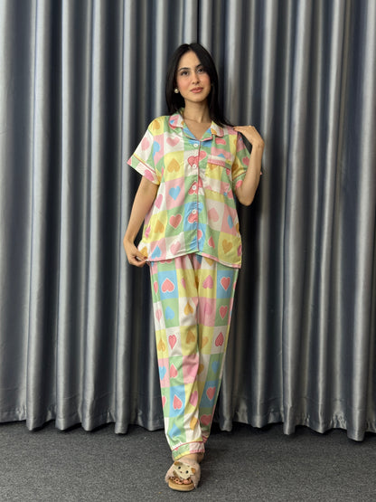 Rainbow Pastel Heart Cozy PJ Set - Short Sleeve