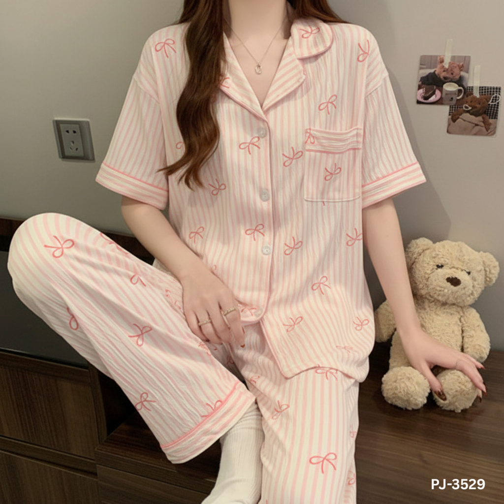 Pookie Pink Stripe Bow Print PJ Set – Short Sleeve 🎀